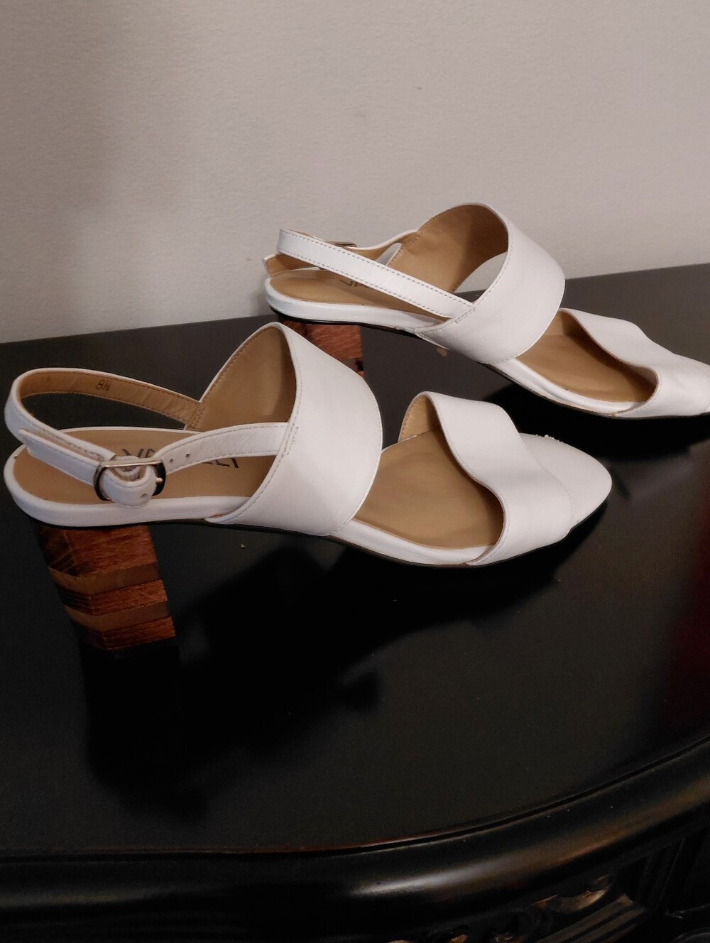 Vaneli White Leather Slingback Sandals W/Decorative Block Heels